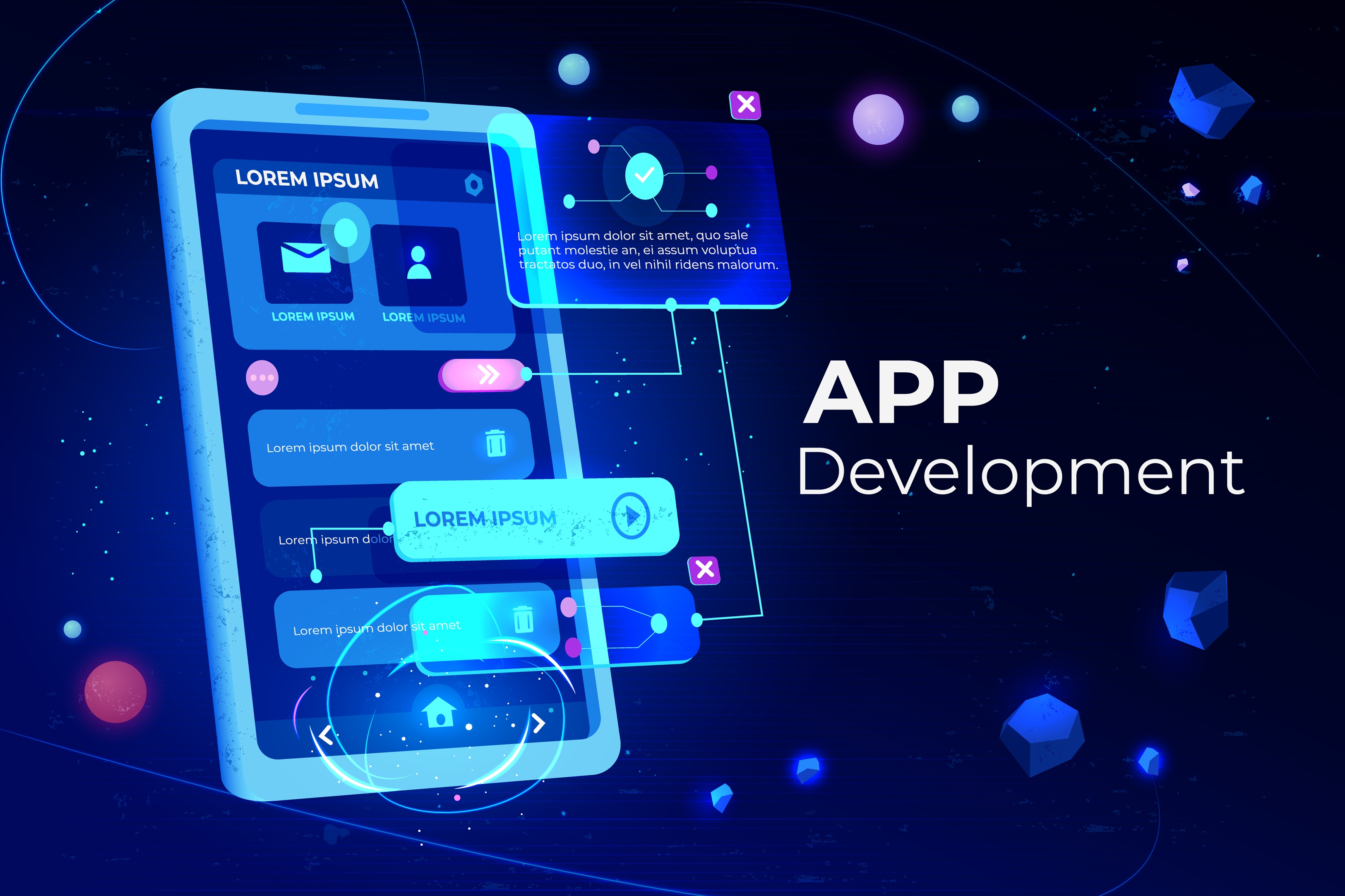 App development banner, adaptive layout application web interface on smartphone touch screen, user software API prototyping, testing, neon glowing background. Cartoon vector illustration, landing page